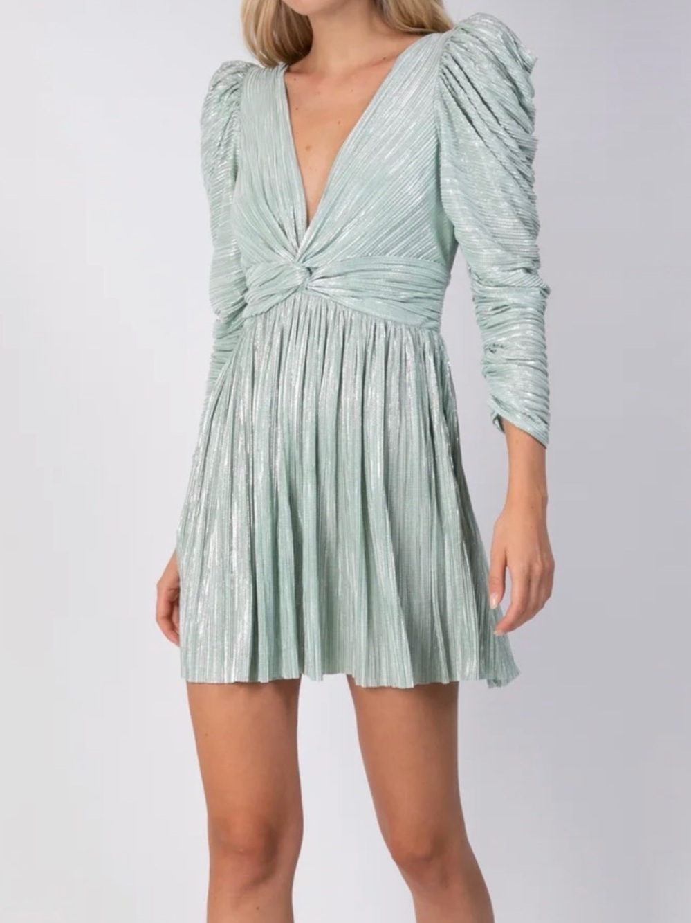 Sabina Musayev mint green metallic Morgana long sleeve mini dress Women’s size M